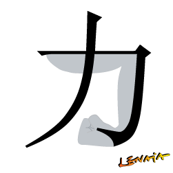 Chinese radical 力 with additional lines in order to complete the original picture and convey the meaning of the radical 力